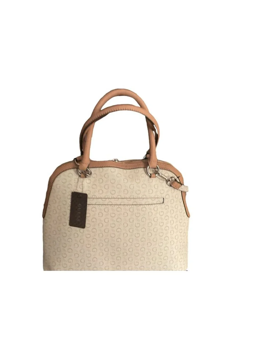 Guess Signature Logo Menville Satchel Crossbody Handbag Tan & White